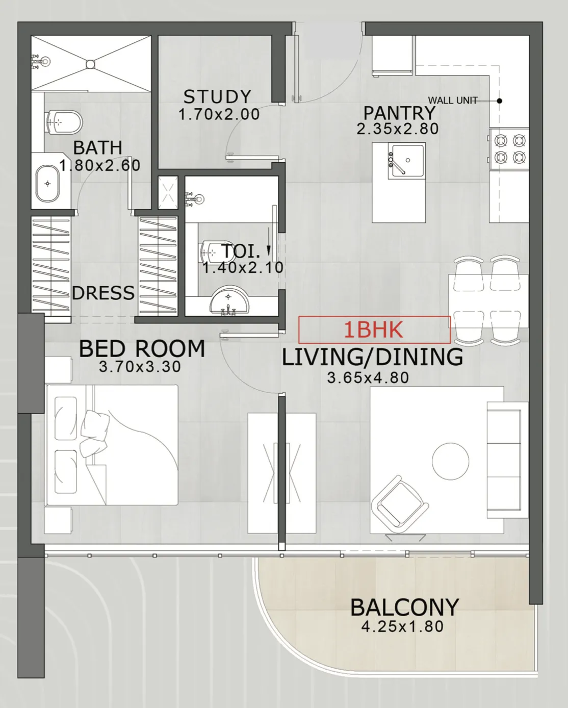 Floarea Skies 1 bed floor plan, 717 sqft