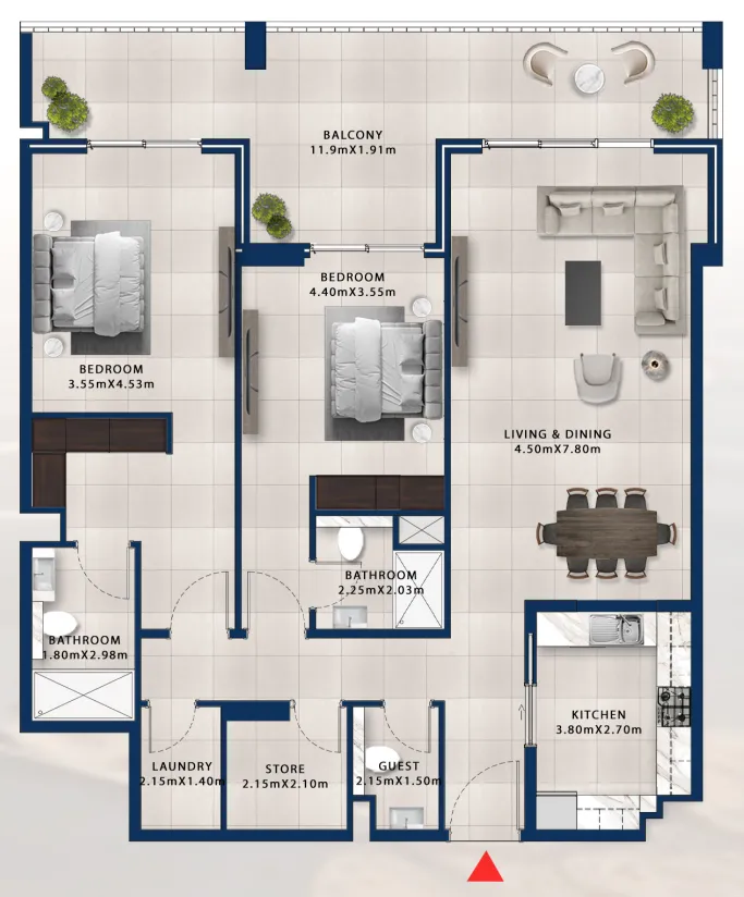 Asayel Avenue 2 bed floor plan, 1,725 sqft