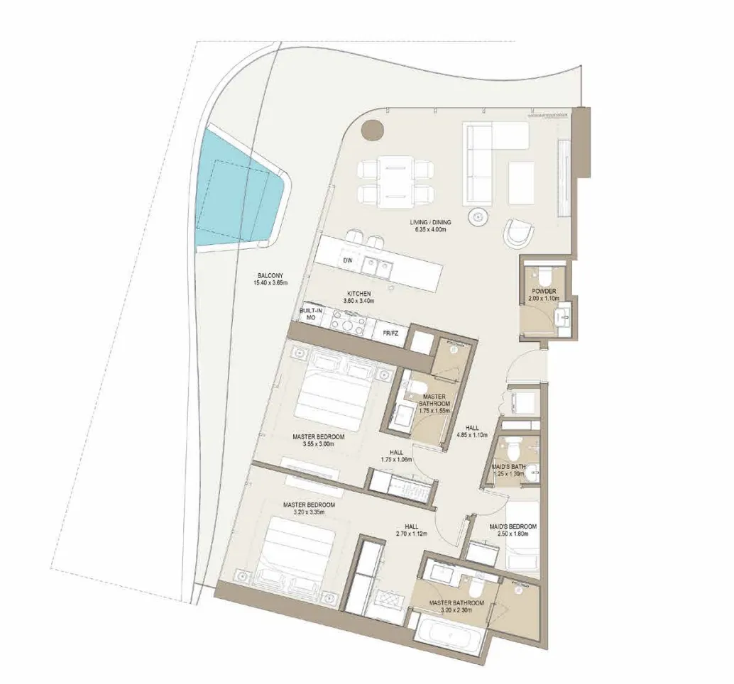 Laguna Residence 2 bed floor plan, 1,647 – 1,729 sqft