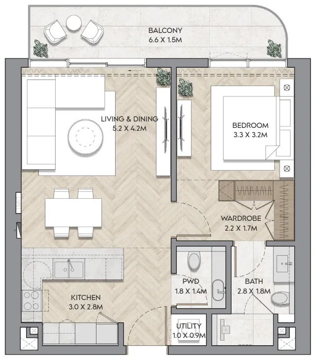 Nura 1 bed floor plan, 788 – 816 sqft