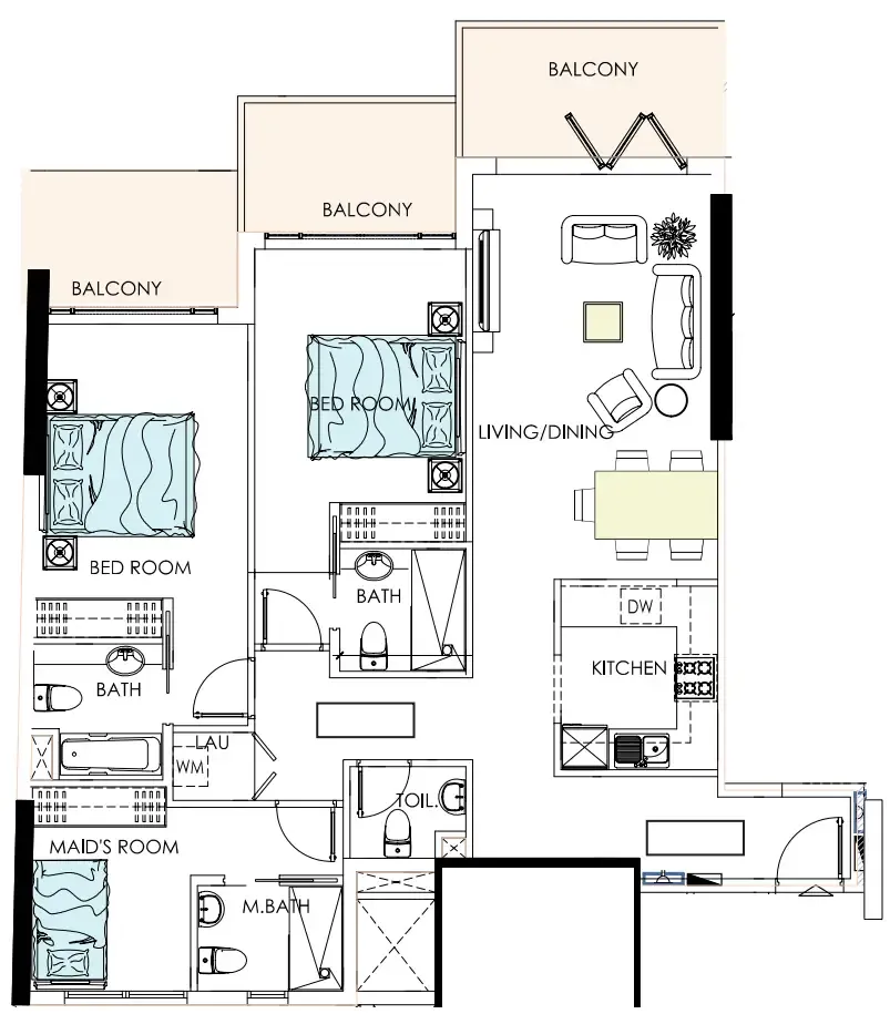 Alef Noon Residence 2 bed floor plan, 1,323 sqft