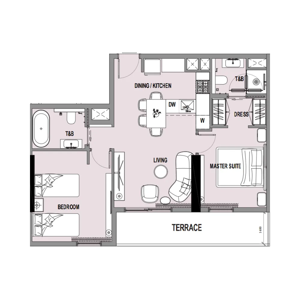 Verso 2 bed floor plan, 838 sqft