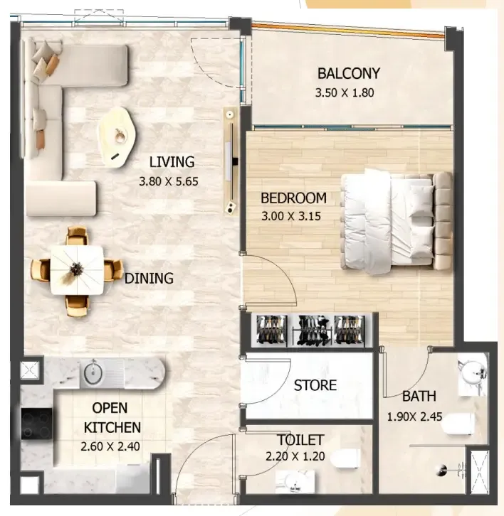 Crystal Tower by VHS 1 bed floor plan, 691 sqft