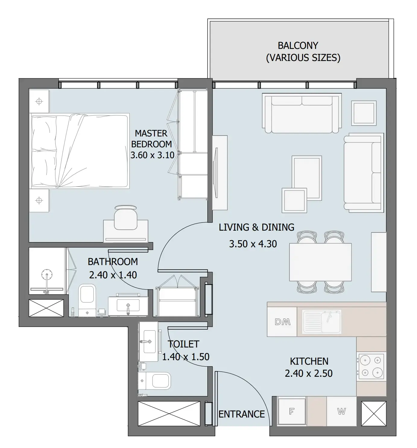 Verdana III 1 bed floor plan, 540 – 590 sqft