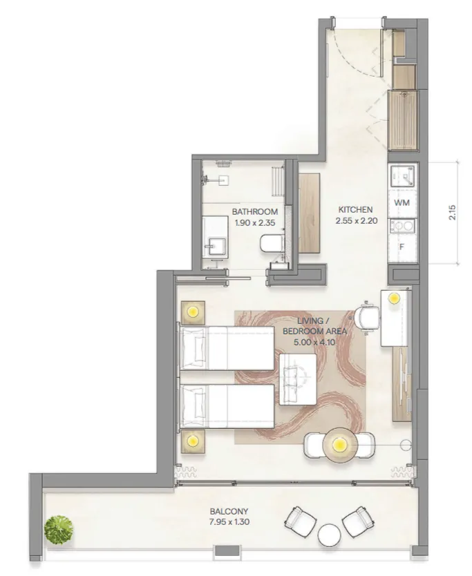 Bloom Arjaan by Rotana  Studio floor plan, 571 – 576 sqft