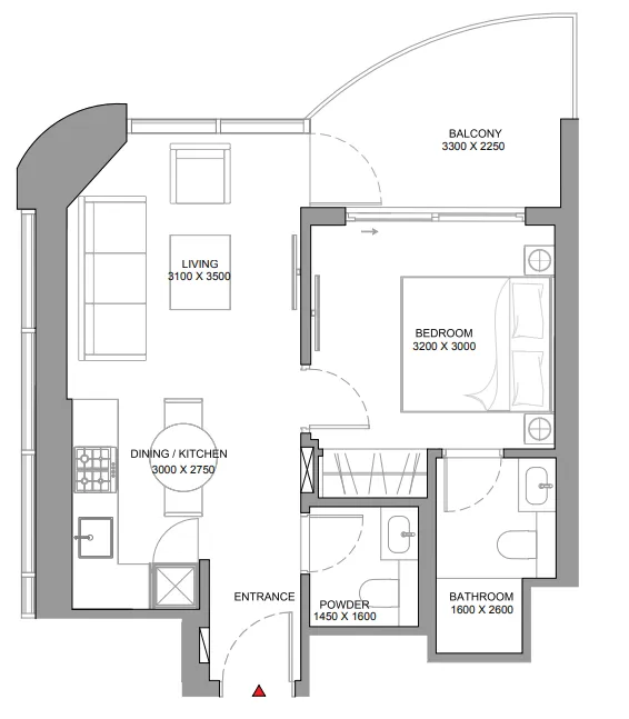 Sobha Aquamont 1 bed floor plan, 581 sqft