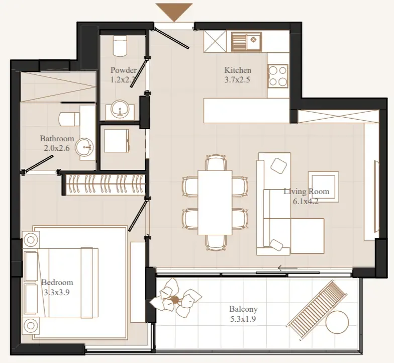 Flamingo LUX 1 bed floor plan, 794 sqft
