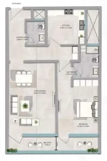 Amwaj Tower 1 bed floor plan, 1,272 sqft