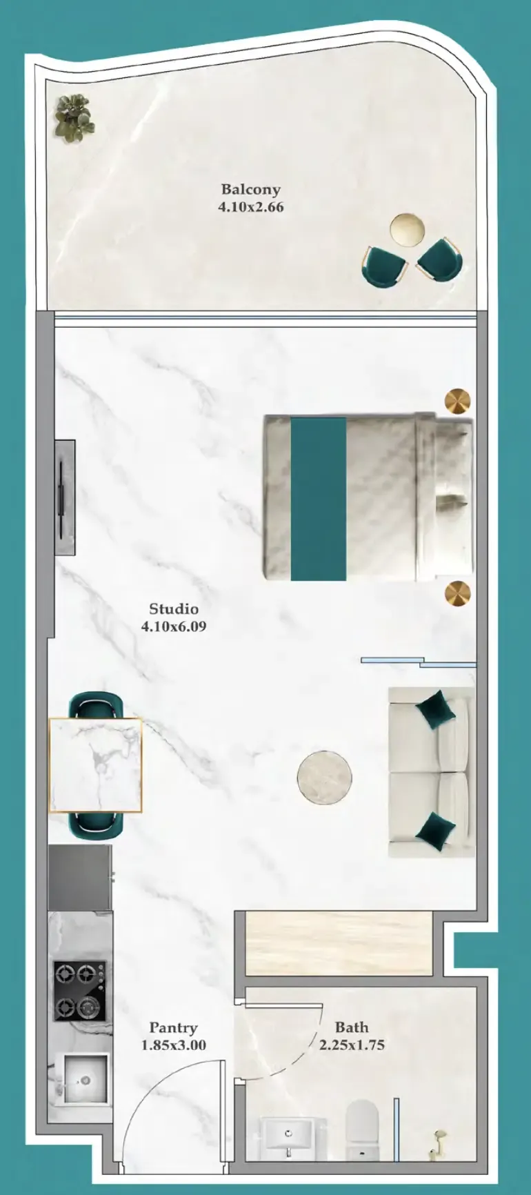 Breez Studio floor plan, 411 – 447 sqft