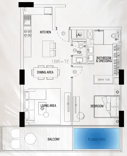 Sky Suites 1 bed floor plan, 918 sqft