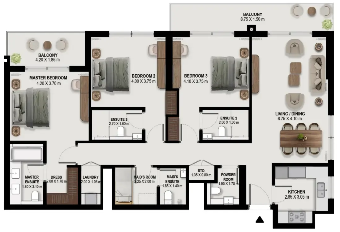 Boulevard Park at Wasl Gate 3 bed floor plan, 1,866 sqft