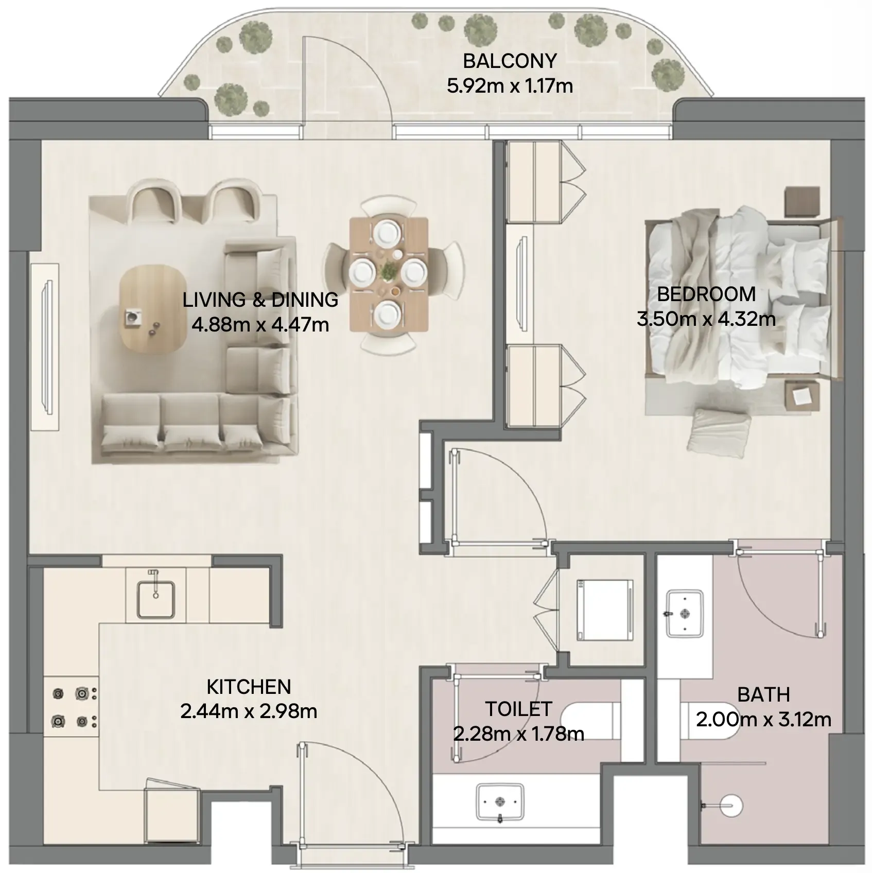 Mirasol II 1 bed floor plan, 806 – 1,058 sqft