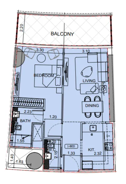Binghatti Aquarise 1 bed floor plan, 813 sqft