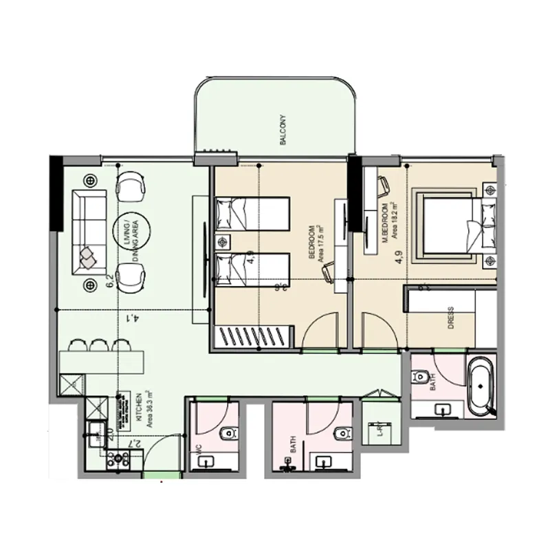 Edgewater Residences 1, 2 and 3 2 bed floor plan, 1,127 sqft