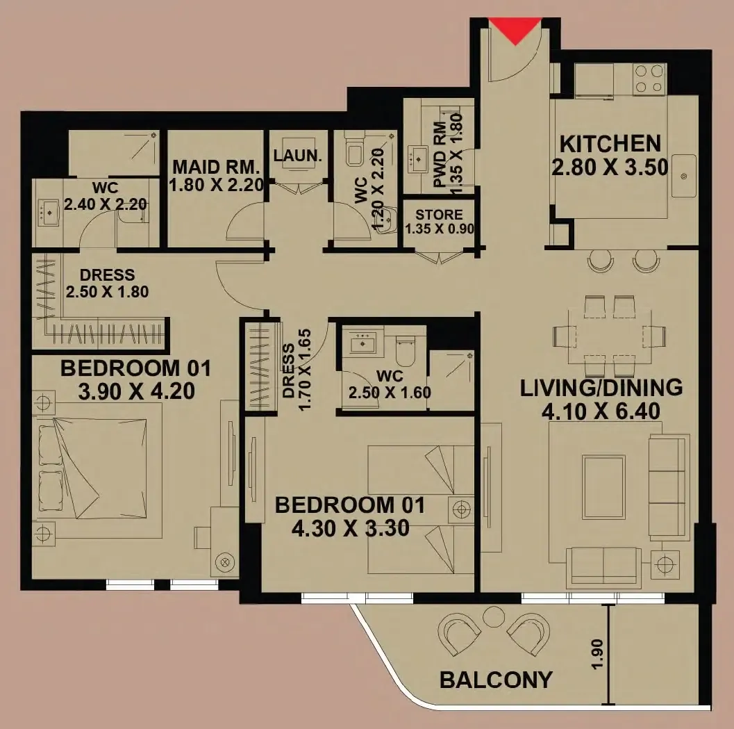 Timber Terrace 2 bed floor plan, 1,408 sqft