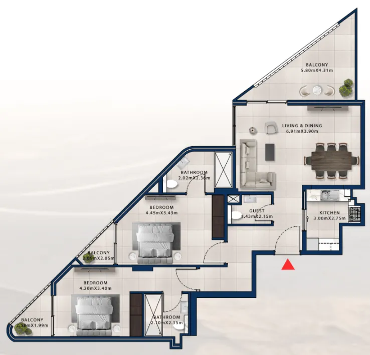 Asayel Avenue 2 bed floor plan, 1,286 sqft