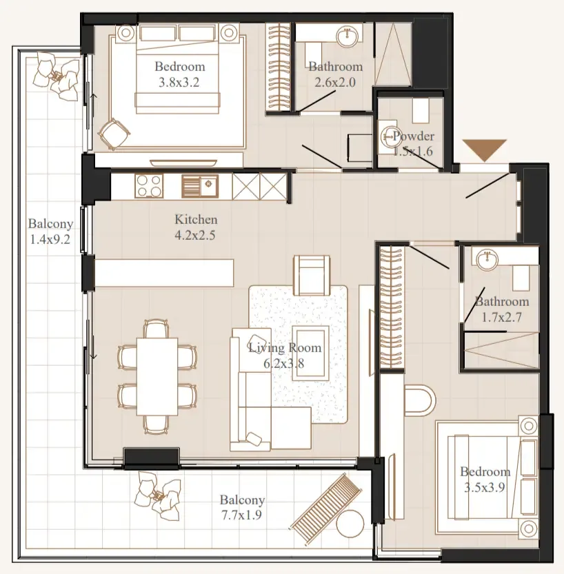 Flamingo LUX 2 bed floor plan, 1,361 sqft