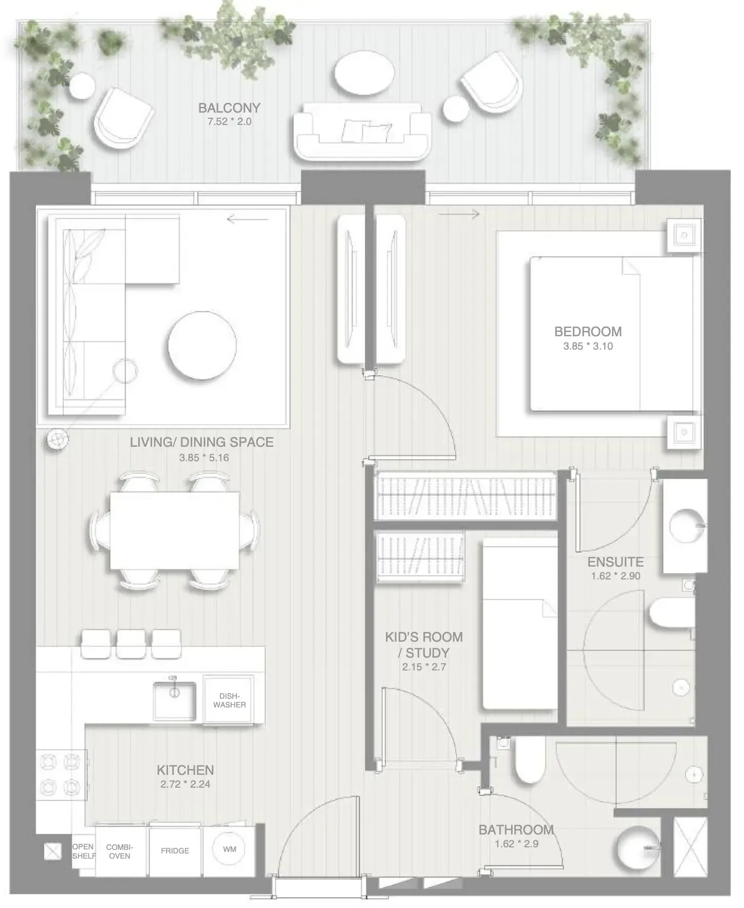 Sol Levante 1 bed floor plan, 870 sqft