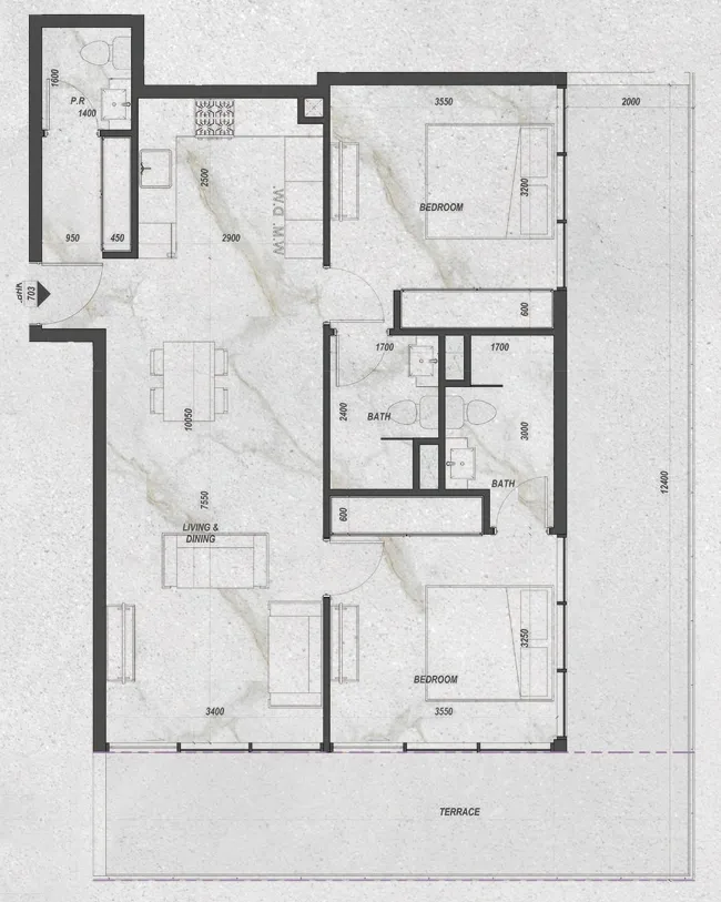 Zyra Hills 2 bed floor plan, 1,283 sqft