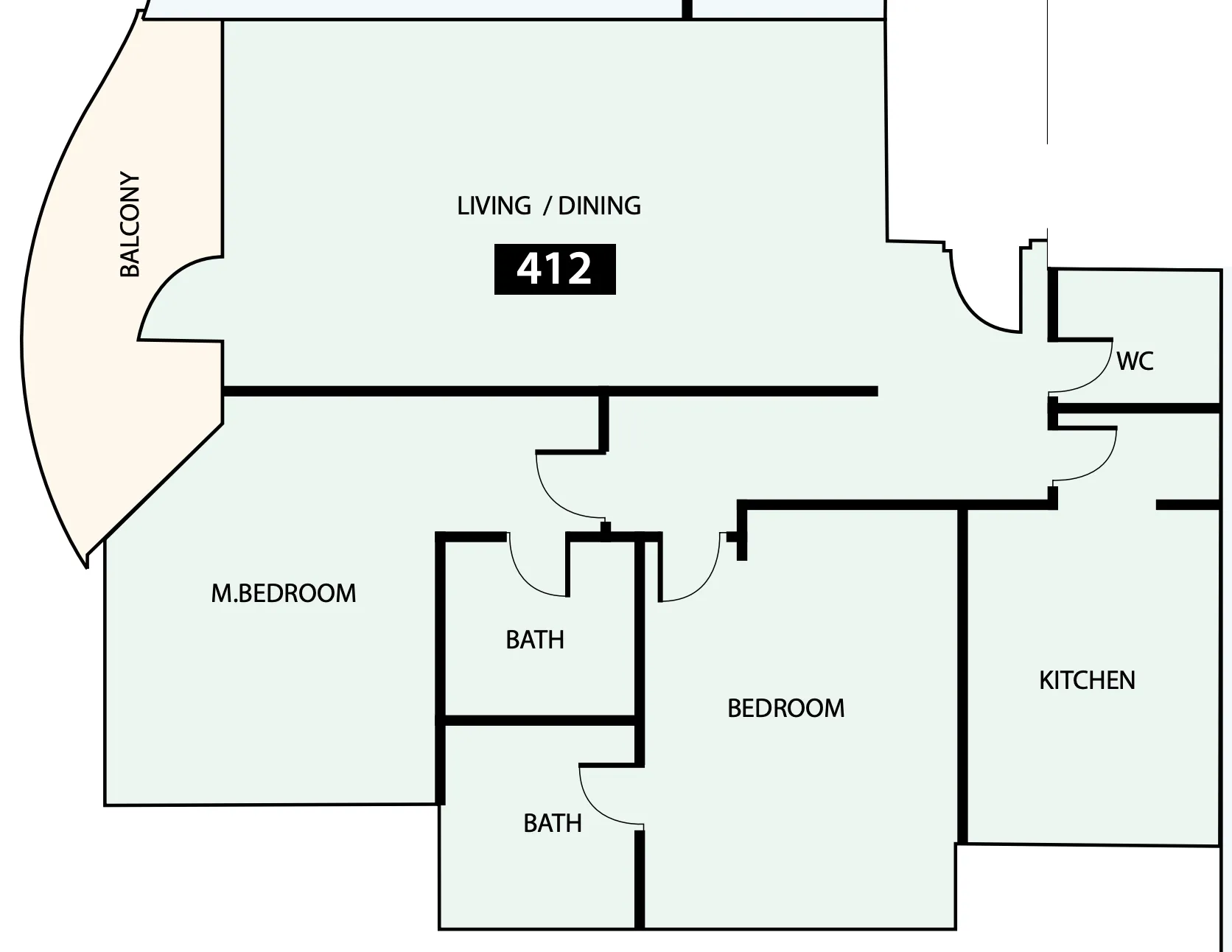 Paradise View 1 2 bed floor plan, 1,247 sqft