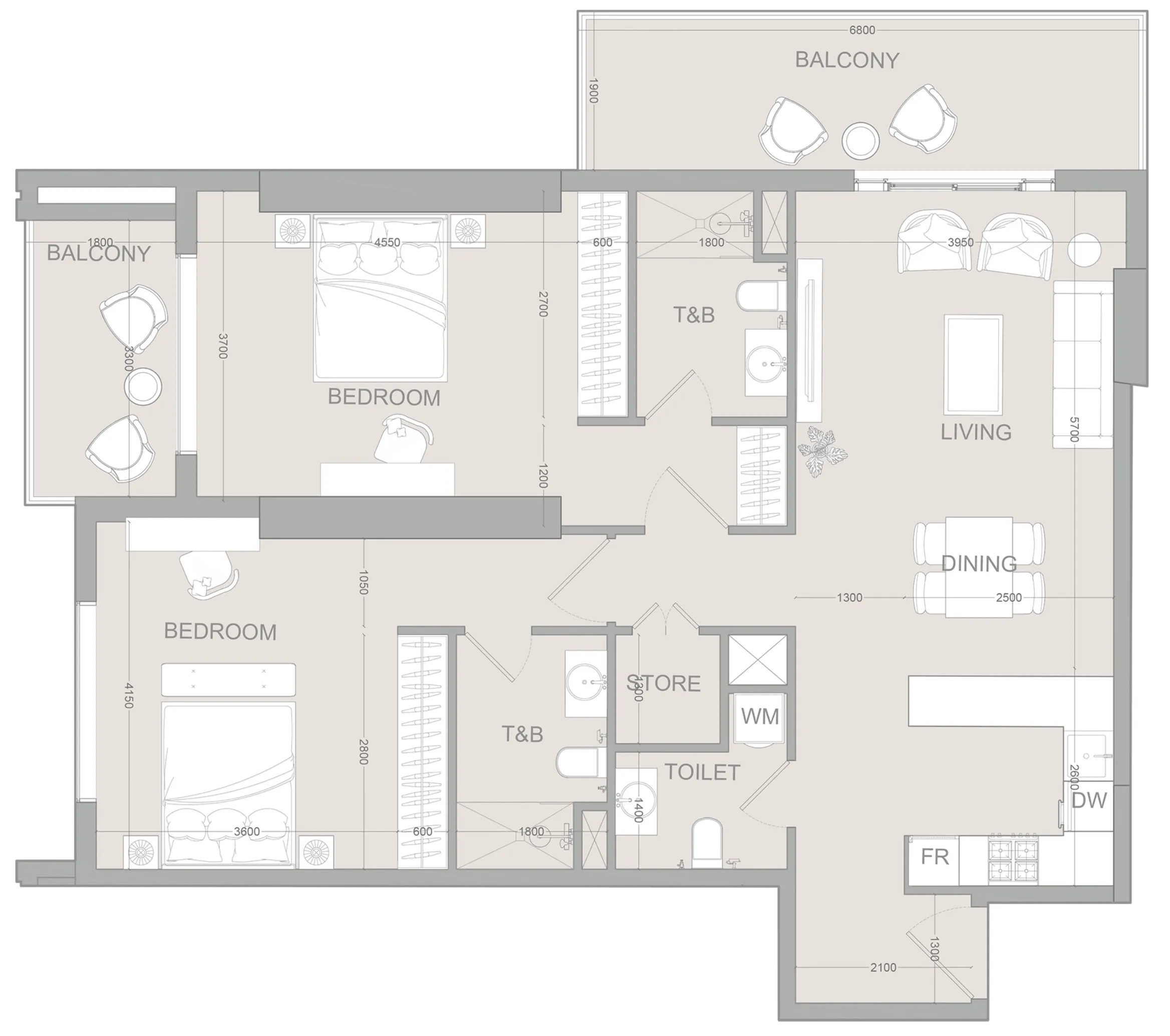 AUREL1A Residence 2 bed floor plan, 1,299 sqft