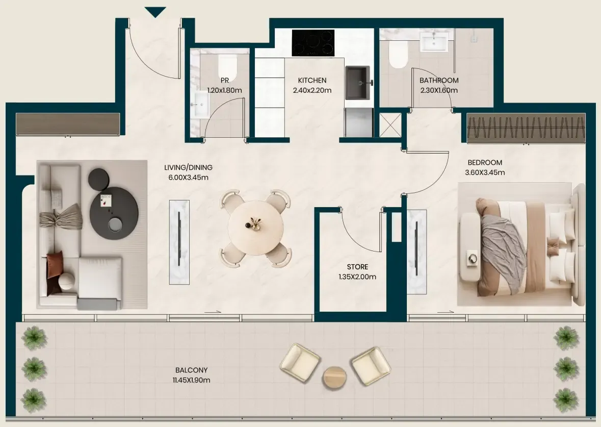 Kyomi Residences 1 bed floor plan, 912 sqft