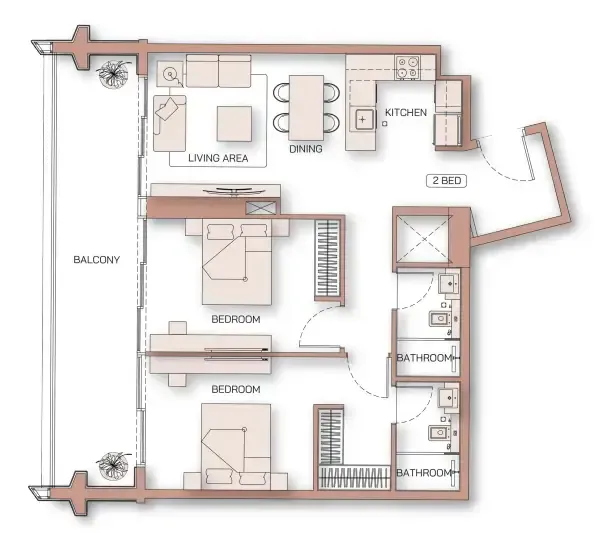 Binghatti Pinnacle 2 bed floor plan, 1,082 sqft