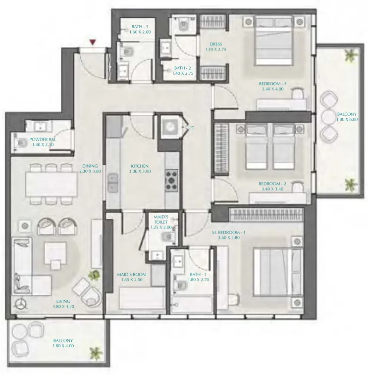 Avenue Park Towers 1 at Wasl 1 3 bed floor plan, 1,751 sqft