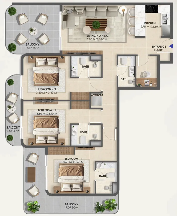 Vivida Residences 3 bed floor plan, 1,648 sqft