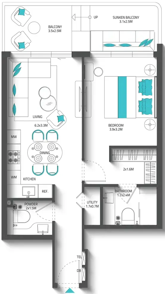 Reef 996 1 bed floor plan, 809 sqft