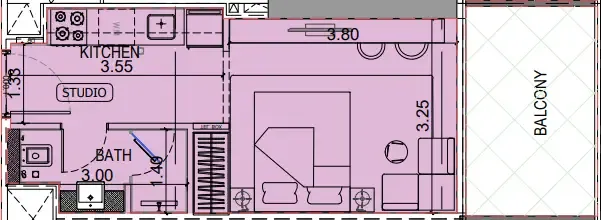 Binghatti Vintage Studio floor plan, 374 – 375 sqft