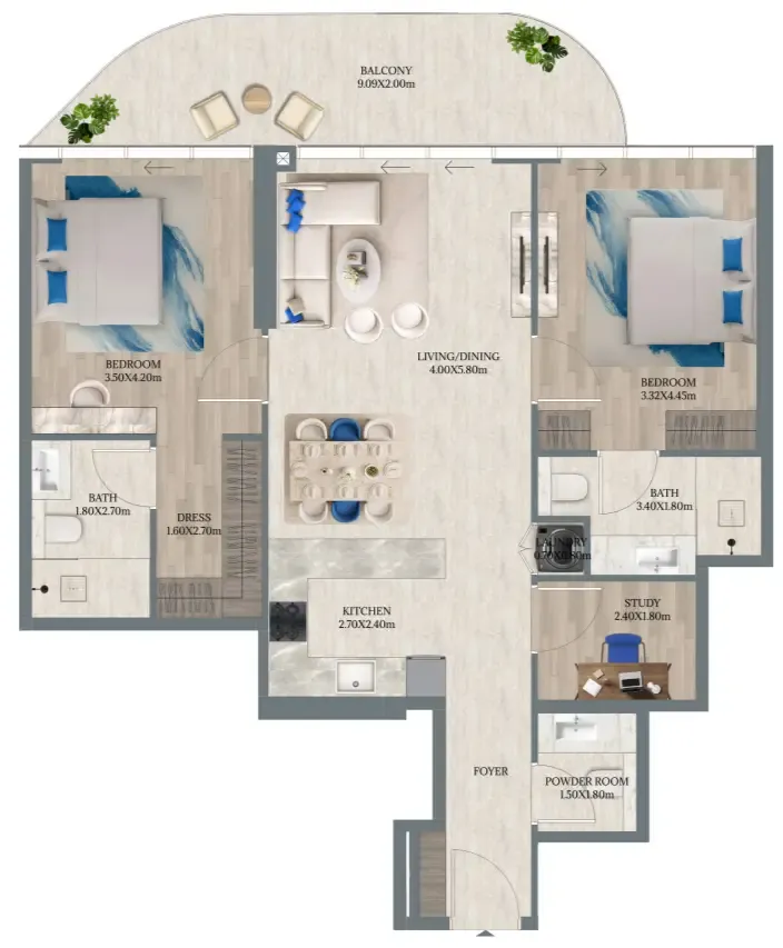 Maravea Residences 2 bed floor plan, 1,228 sqft