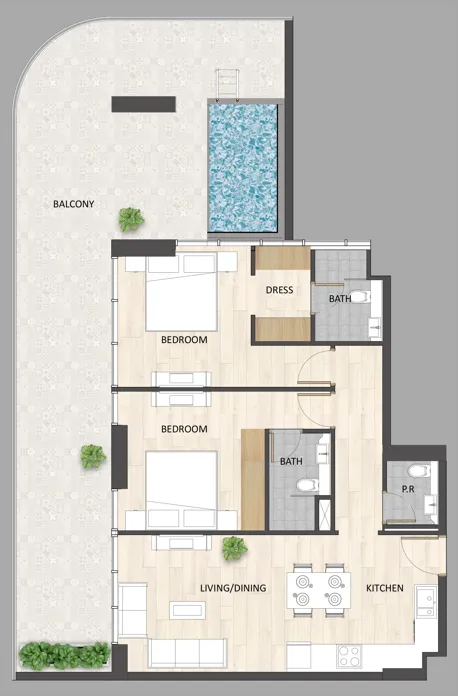 Barari Palace 2 bed floor plan, 1,568 – 1,571 sqft
