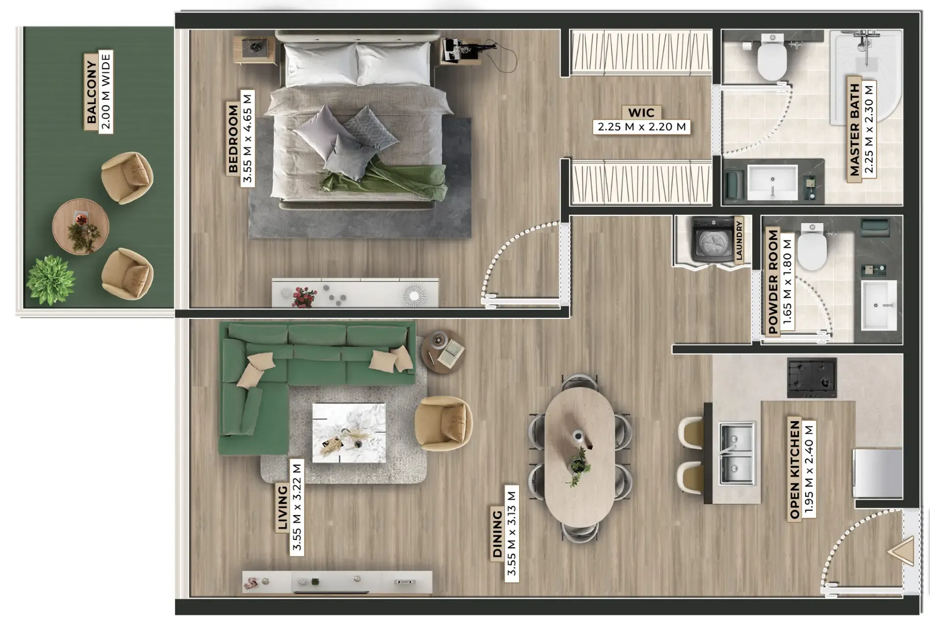 Firoza 1 bed floor plan, 838 sqft
