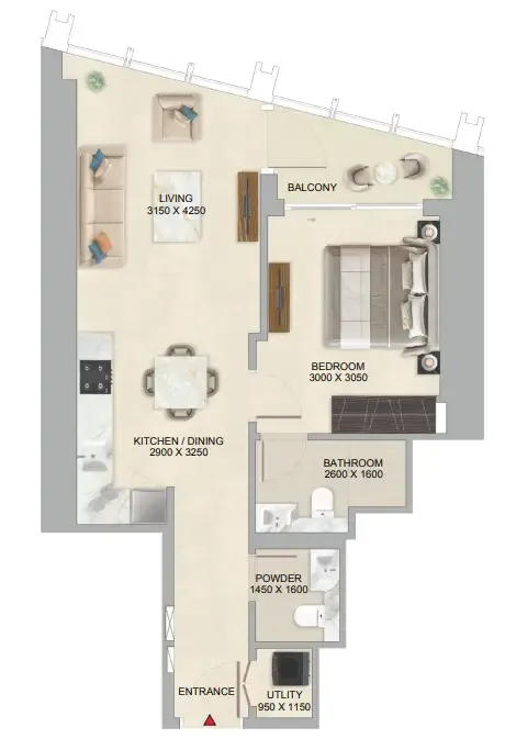 The Mirage at Sobha Central 1 bed floor plan, 652 – 655 sqft