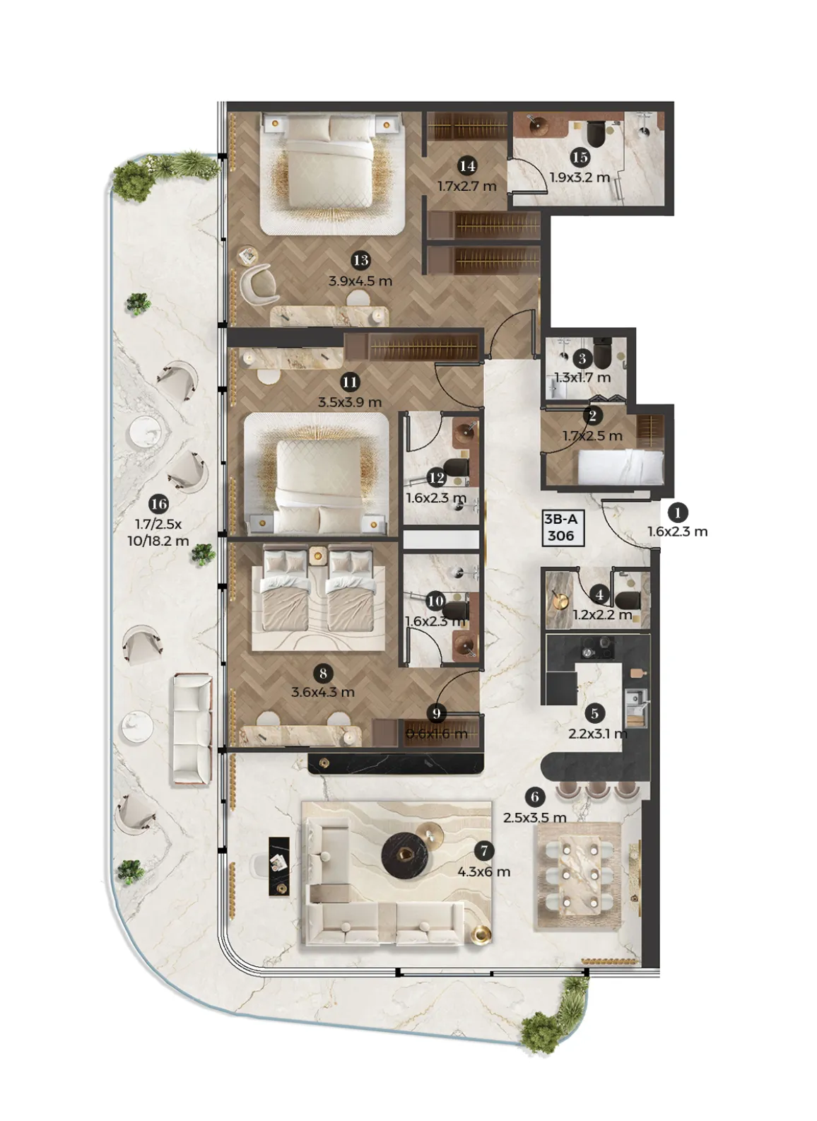 Stellar by Elie Saab 3 bed floor plan, 2,074 sqft