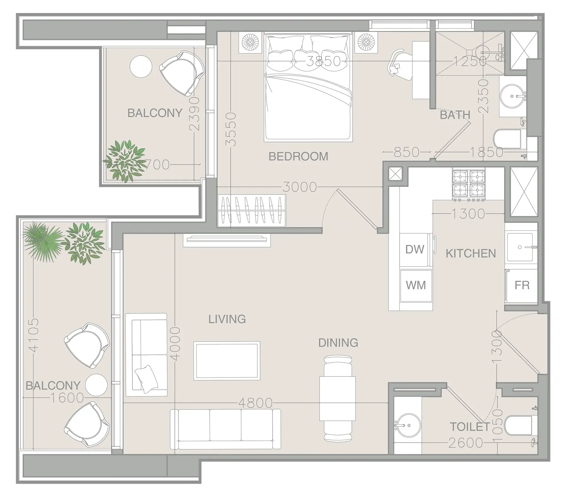 ELAR1S Rise 1 bed floor plan, 713 sqft