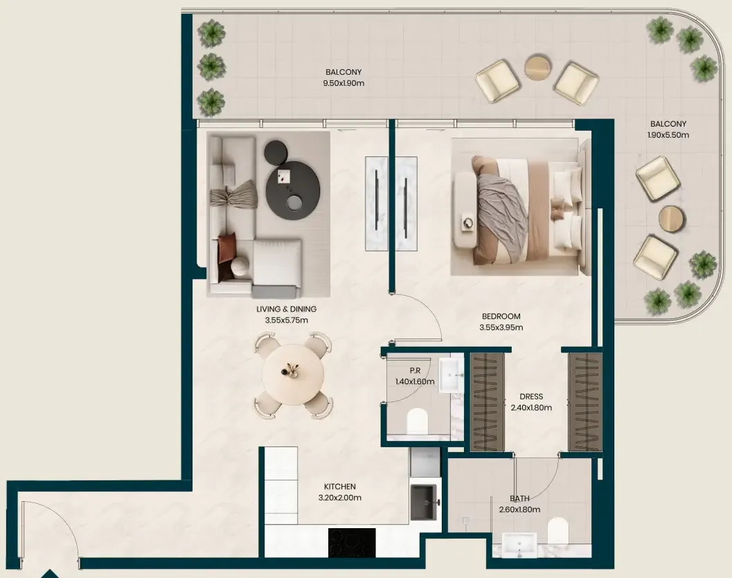 Kyomi Residences 1 bed floor plan, 972 sqft