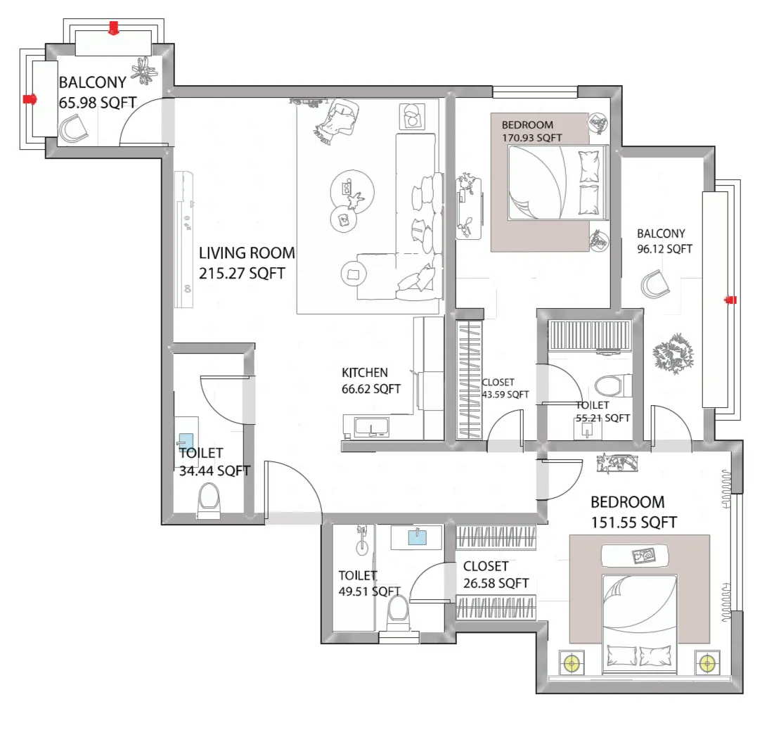 Ajman Creek Towers 2 bed floor plan, 1,582 sqft