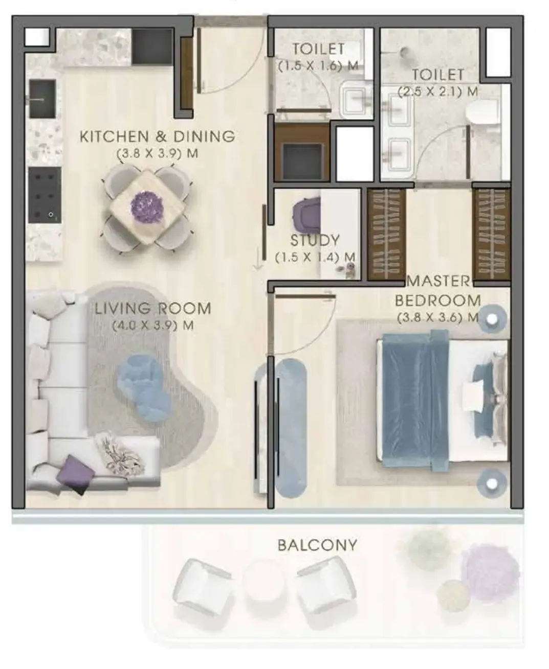 Kaia Residences 1 bed floor plan, 928 sqft
