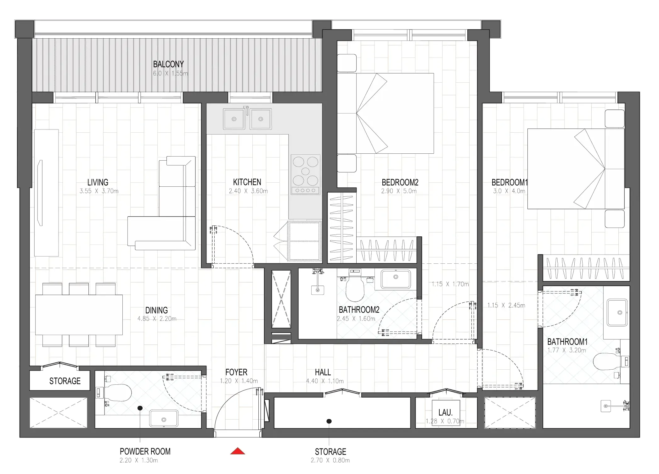 Olfah 2 bed floor plan, 1,154 sqft