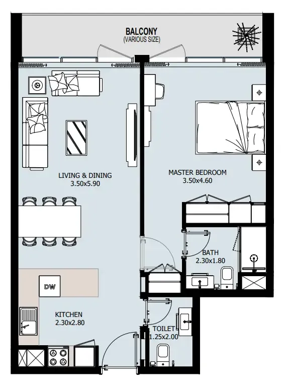 Verdana IX 1 bed floor plan, 742 – 876 sqft