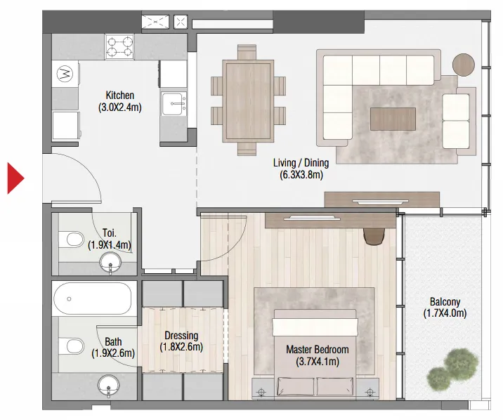 South Living 1 bed floor plan, 909 sqft