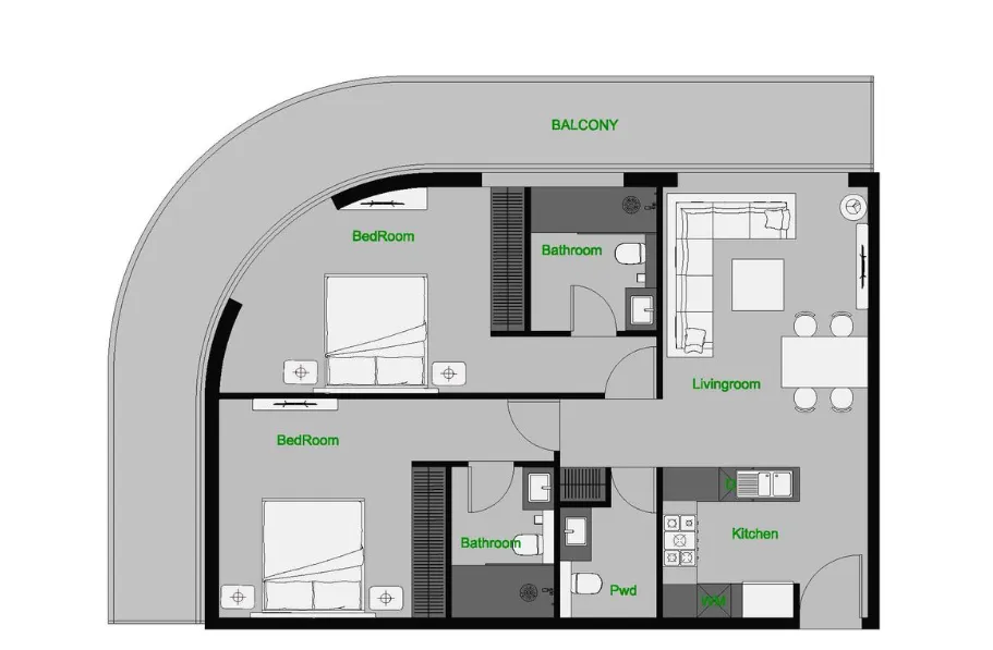 The Central Downtown 2 bed floor plan, 1,324 sqft