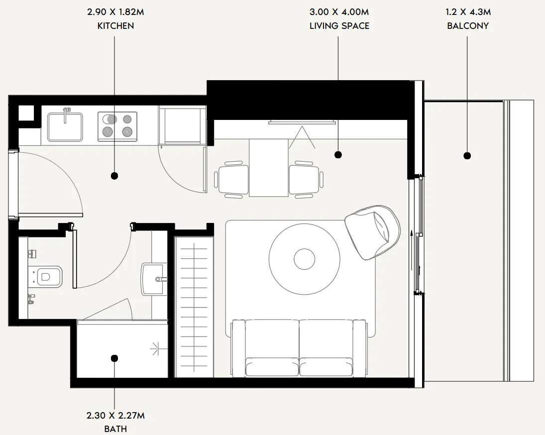 Azizi Milan Studio floor plan, 340 sqft