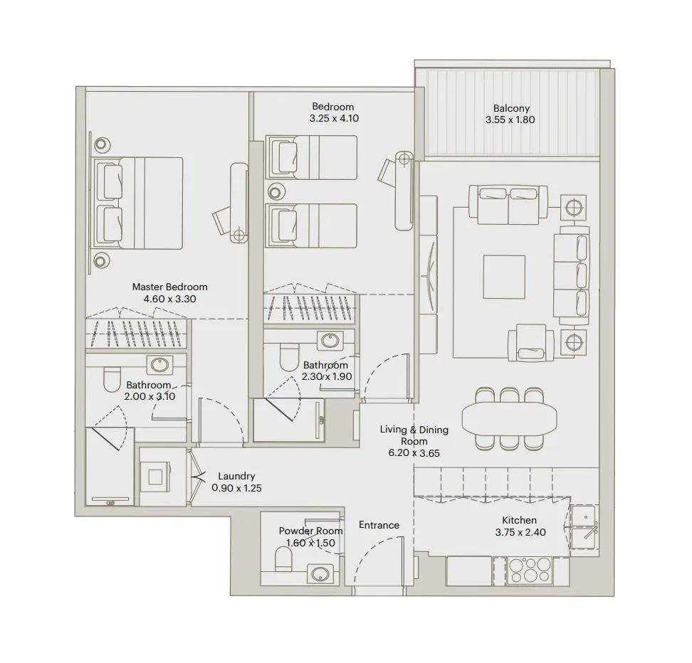 Eleve 2 bed floor plan, 1,091 – 1,109 sqft