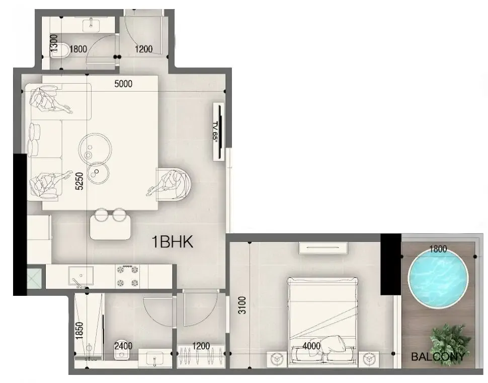 Peace Avenue 1 bed floor plan, 705 sqft