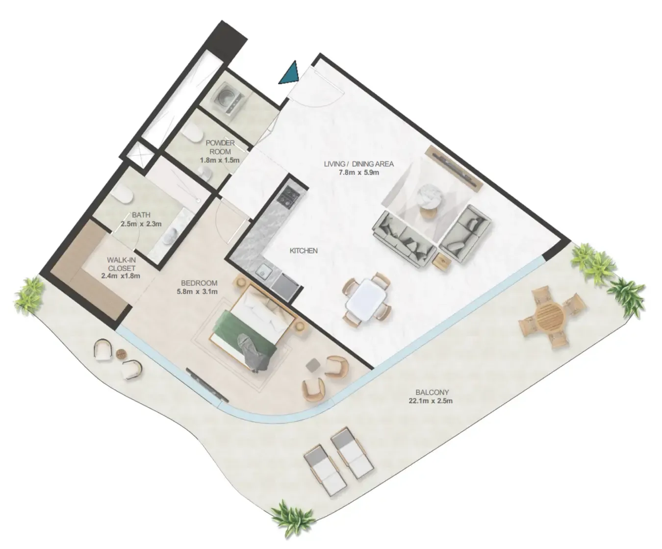 Oystra 1 bed floor plan, 1,327 sqft