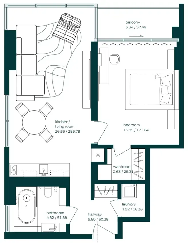Vibe 1 bed floor plan, 757 sqft