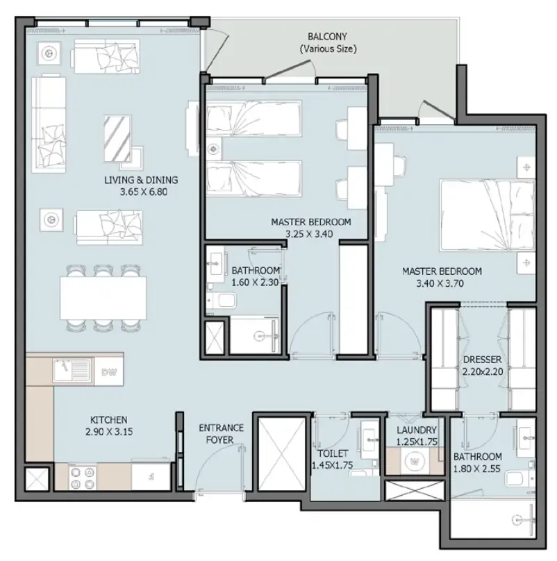 Verdana VIII 2 bed floor plan, 1,136 – 1,164 sqft